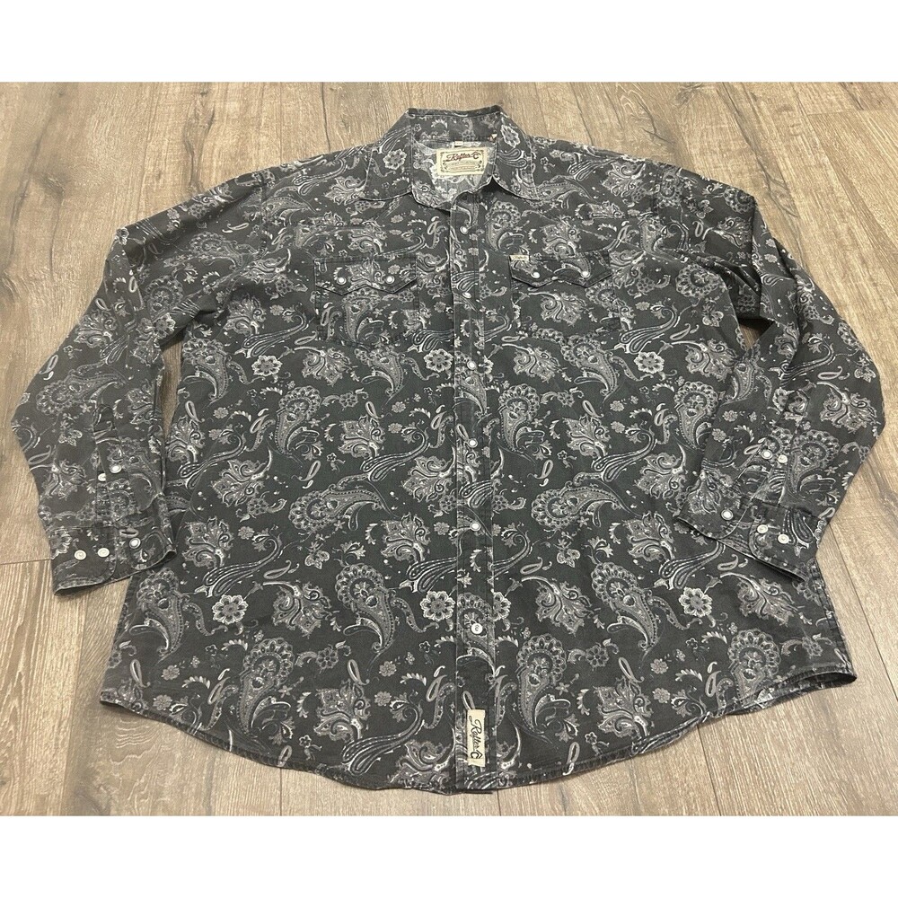 Rafter C Pearl Snap Shirt Mens 2XL Black Paisley Sawtooth Pockets Western Cowboy